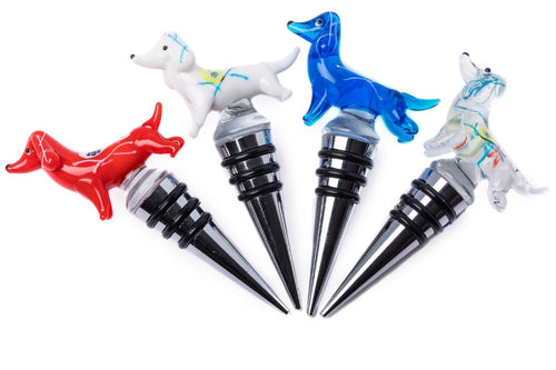 Four different colours of dachshund wine stoppers
